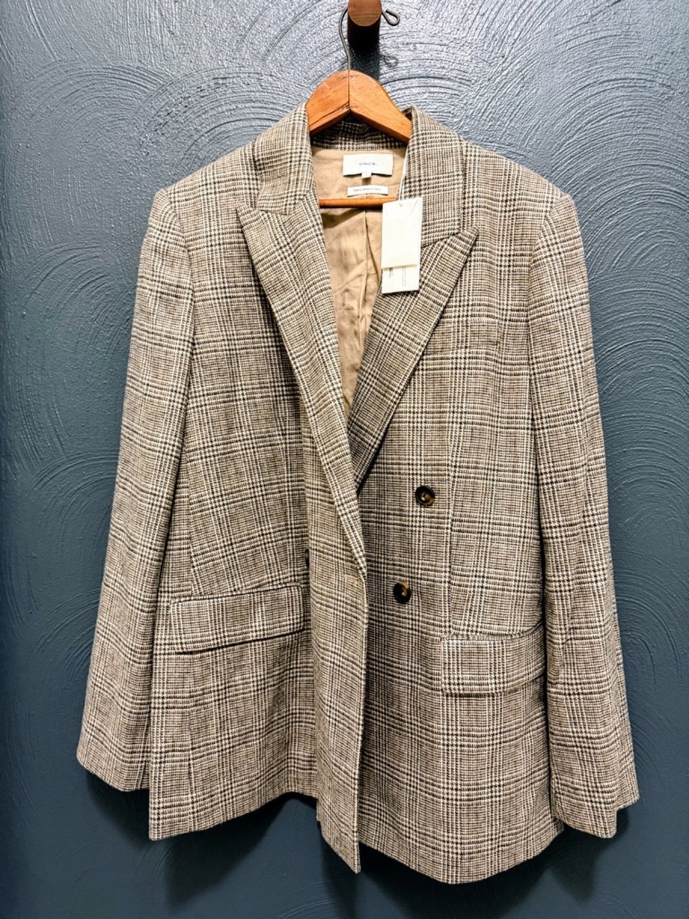 Vince Glen Plaid Double-Breasted Blazer in Tan